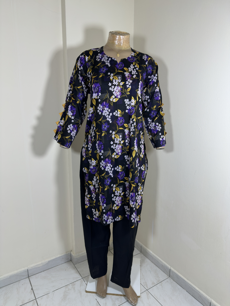 2-Piece Stitched Suit - Black & Purple Flowers Shirt with Black Trousers