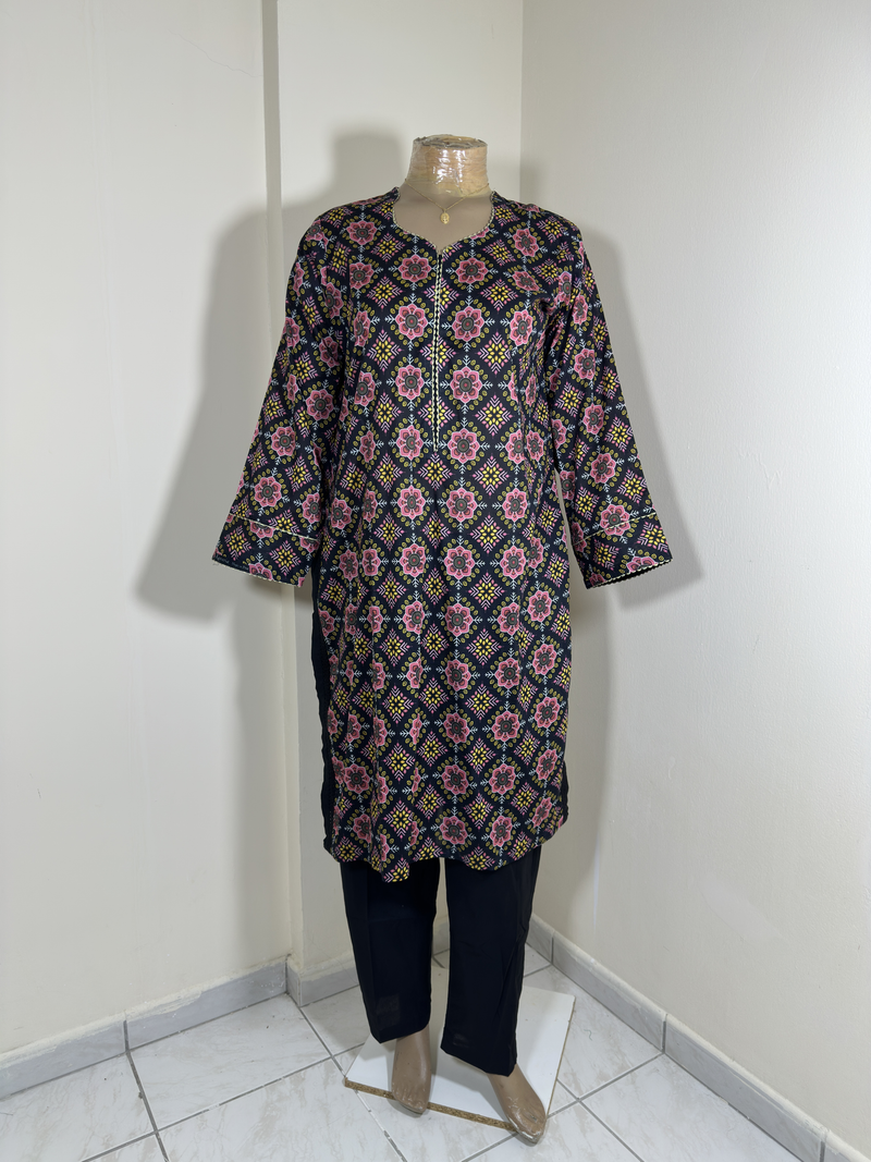 2-Piece Stitched Suit - Black & T-Pink Flowers Shirt with Black Trousers