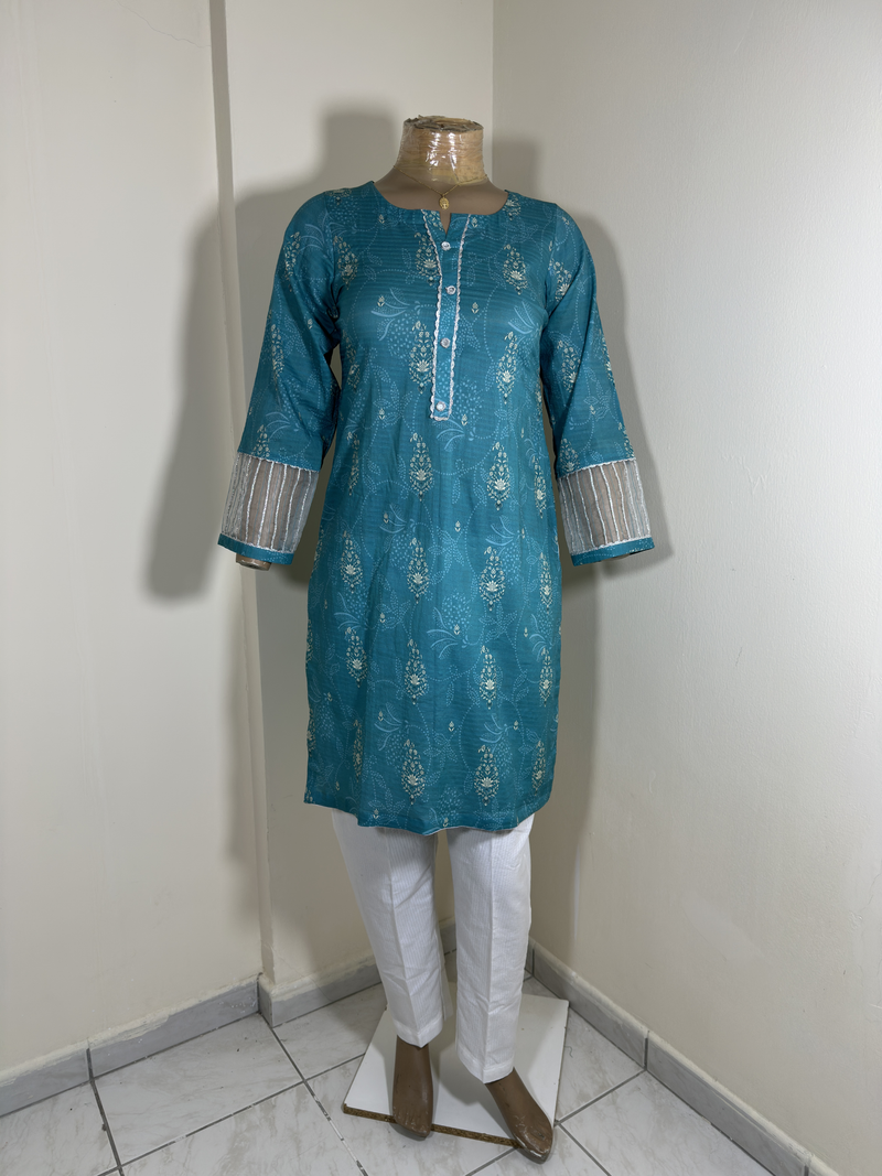 2-Piece Stitched Suit - Sea Green Shirt & White Trousers