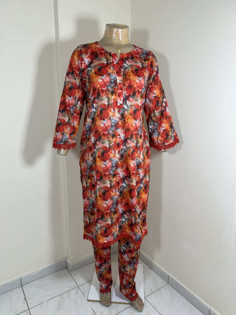 2-Piece Stitched Suit - Red & Orange Shirt with Same Trousers - All-Over Design