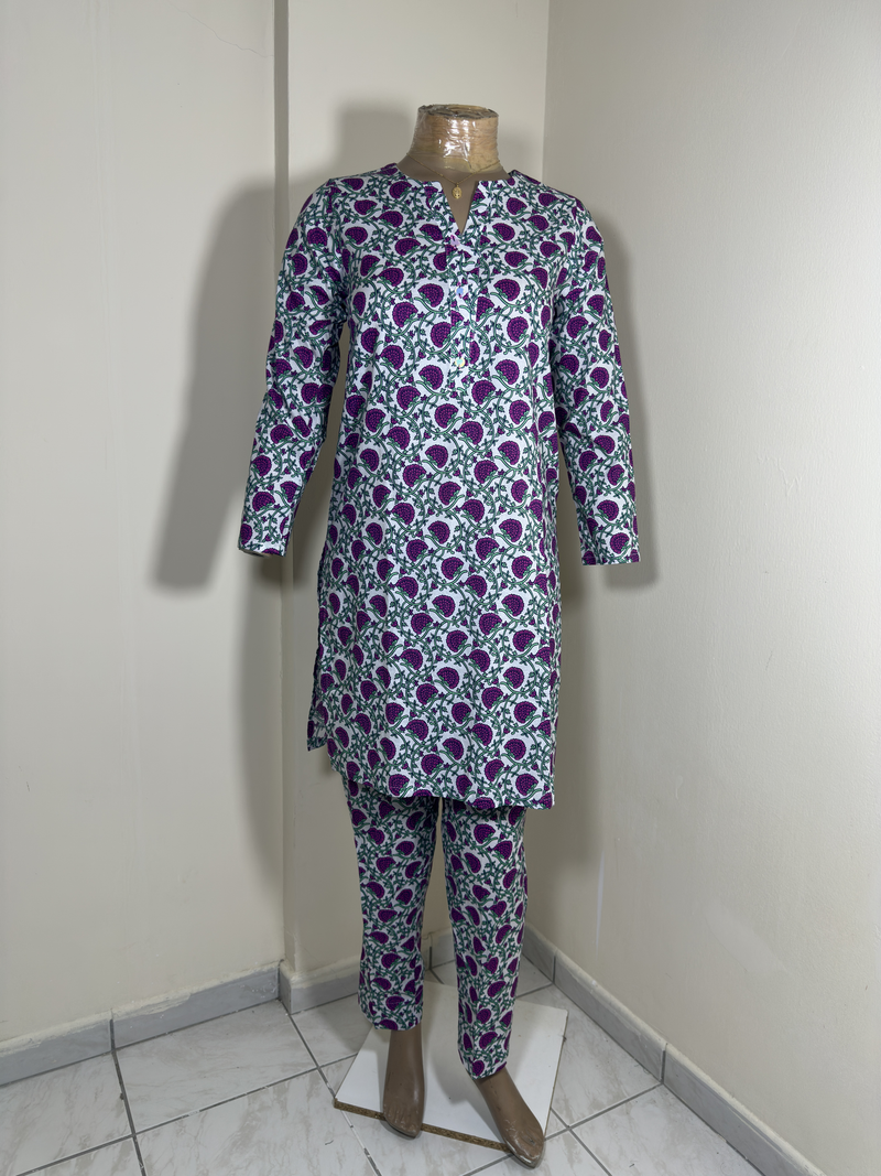 2-Piece Stitched Suit - White & Dark Pink Flowers - Shirt & Trousers