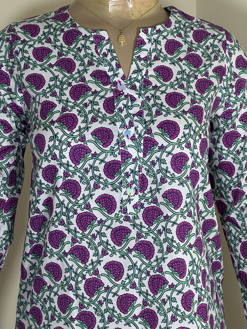 2-Piece Stitched Suit - White & Dark Pink Flowers - Shirt & Trousers