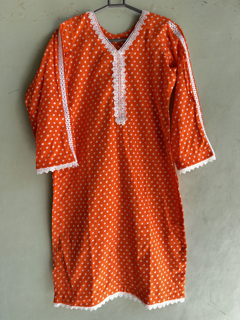 2-Piece Stitched Suit - Orange & White Dots Shirt & White Trousers
