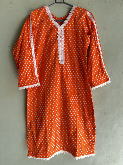 2-Piece Stitched Suit - Orange & White Dots Shirt & White Trousers