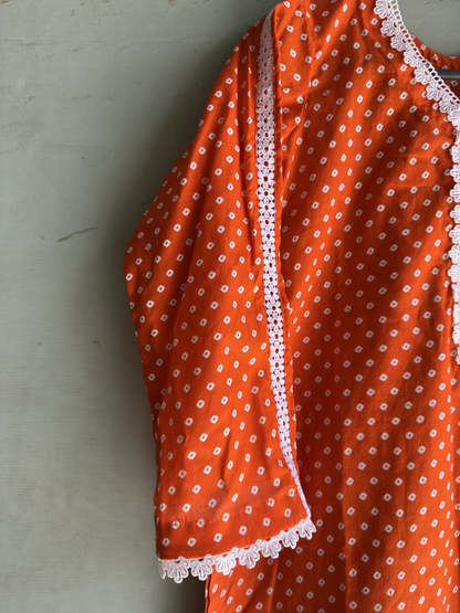 2-Piece Stitched Suit - Orange & White Dots Shirt & White Trousers