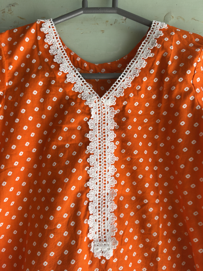 2-Piece Stitched Suit - Orange & White Dots Shirt & White Trousers