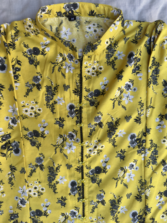 2-Piece Stitched Suit - Yellow & Black Flowers - Shirt & Trousers