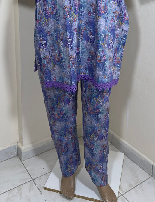 2-Piece Stitched Suit - Purple Mixed Colorfull All-Over Design, Purple Lace Arms & Damen