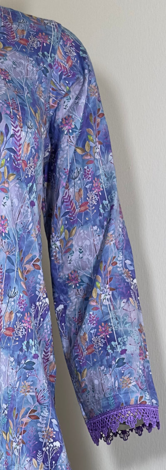 2-Piece Stitched Suit - Purple Mixed Colorfull All-Over Design, Purple Lace Arms & Damen