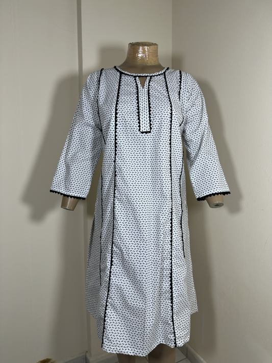 1-Piece Stitched Shirt - White & Black Random Lines with Black Lace only Shirt