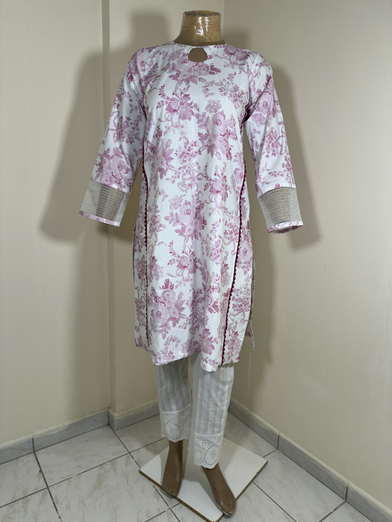 2-Piece Stitched Suit - Cream & Pink Flowers Shirt with Cream Trousers