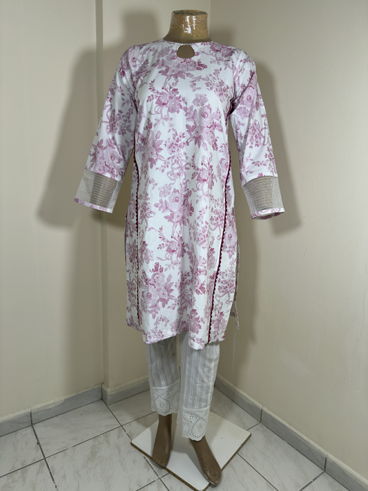 2-Piece Stitched Suit - Cream & Pink Flowers Shirt with Cream Trousers