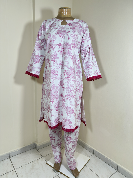 2-Piece Stitched Suit - Cream & Pink Flowers Shirt with Same Trousers All-Over Design