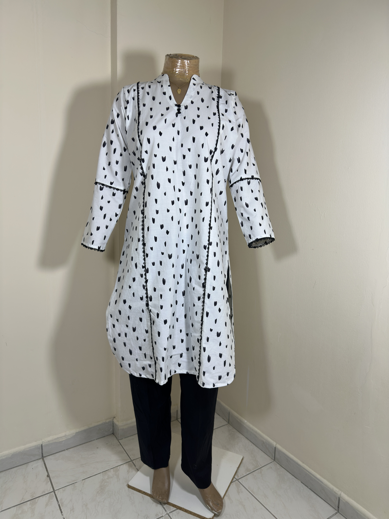 2-Piece Stitched Suit - White & Black Random Big Stain Dots with Black Trousers
