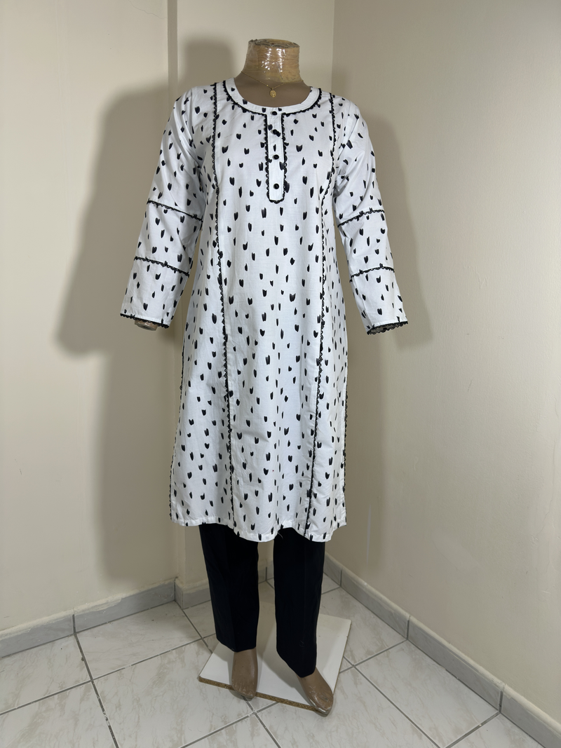 2-Piece Stitched Suit - White & Black Random Big Stain Dots with Black Trousers