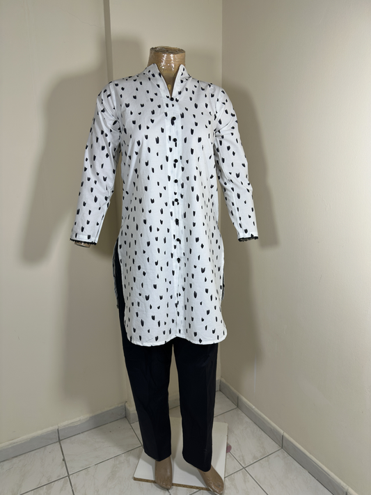 2-Piece Stitched Suit - White & Black Random Big Stain Dots with Black Trousers