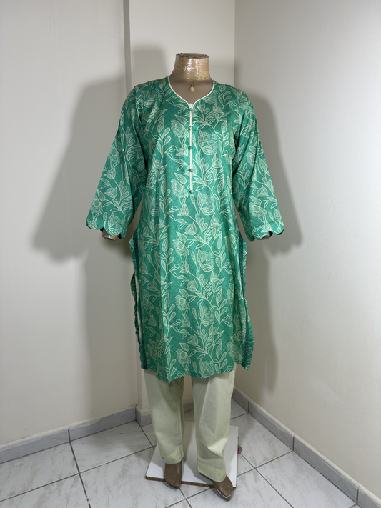 2-Piece Stitched Suit - Sea Green Shirt with Cream Flowers & Trousers