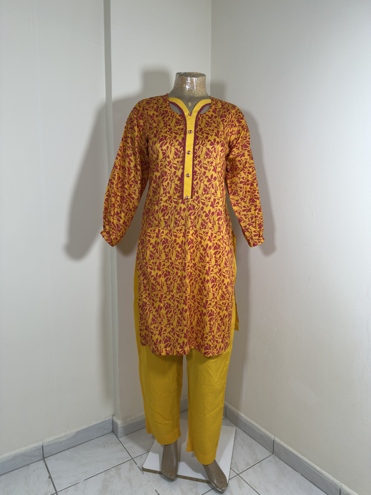 2-Piece Stitched Suit - Mustard & Pink Shirt with Mustard Trousers
