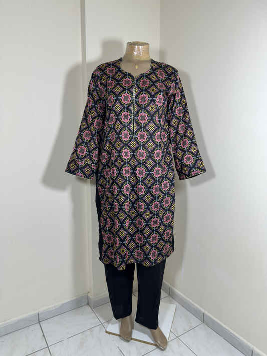 2-Piece Stitched Suit - Black & T-Pink Flowers Shirt with Black Trousers