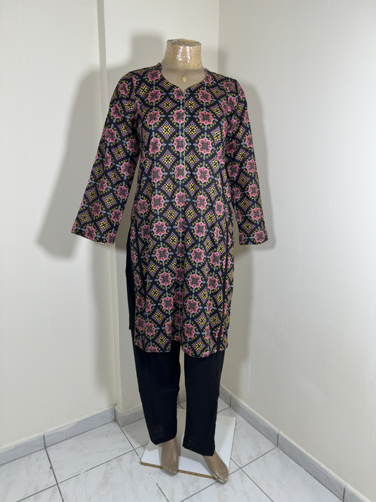 2-Piece Stitched Suit - Black & T-Pink Flowers Shirt with Black Trousers