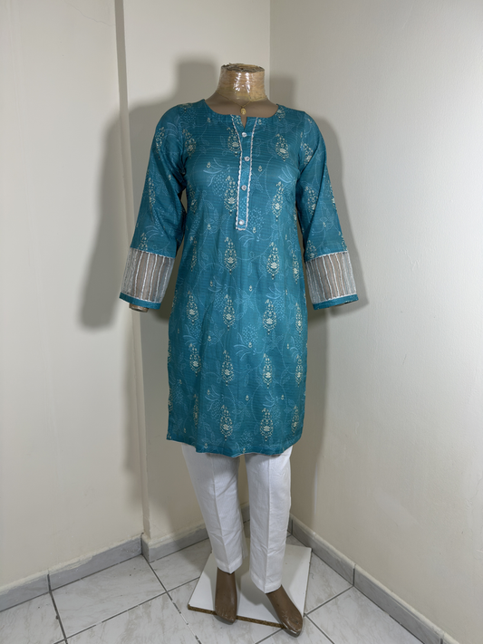 2-Piece Stitched Suit - Sea Green Shirt & White Trousers