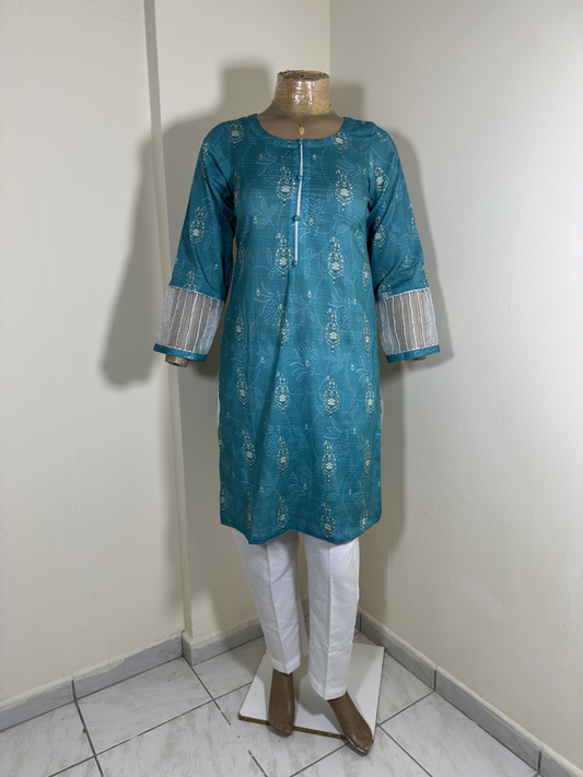 2-Piece Stitched Suit - Sea Green Shirt & White Trousers