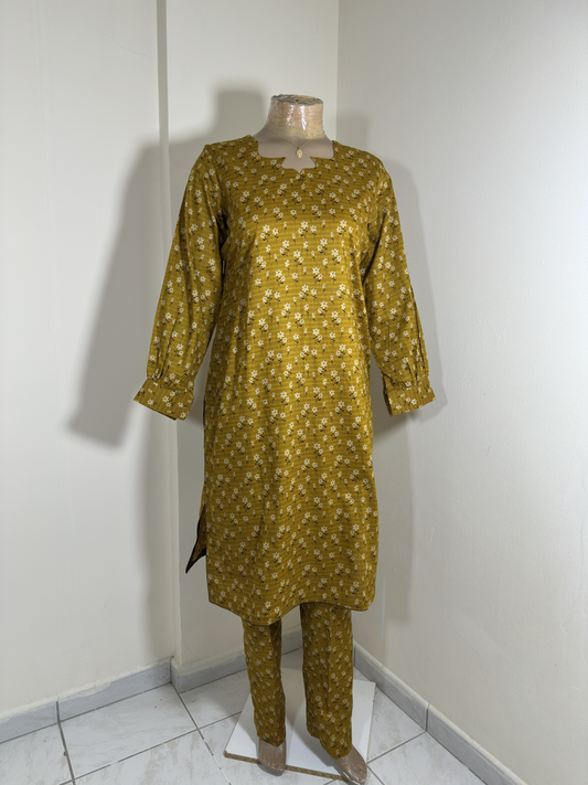 3-Piece Stitched Suit - Mustard & Black Shirt with Same Trousers with Chicken Kari Dupata - All-Over Design