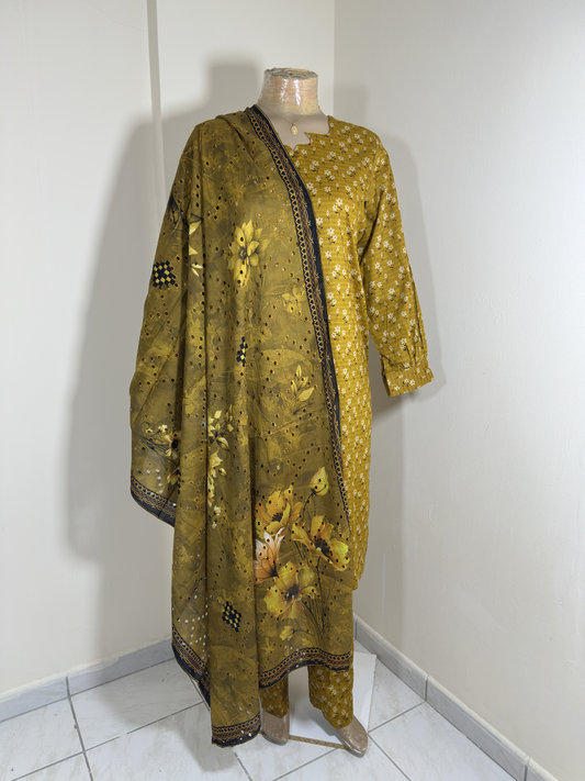 3-Piece Stitched Suit - Mustard & Black Shirt with Same Trousers with Chicken Kari Dupata - All-Over Design