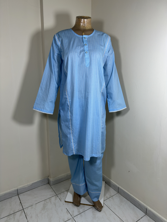 3-Piece Stitched Suit - Sky Blue & White Dotted Lined Shirt with Same Trousers & Dupata
