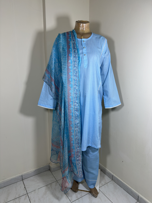3-Piece Stitched Suit - Sky Blue & White Dotted Lined Shirt with Same Trousers & Dupata