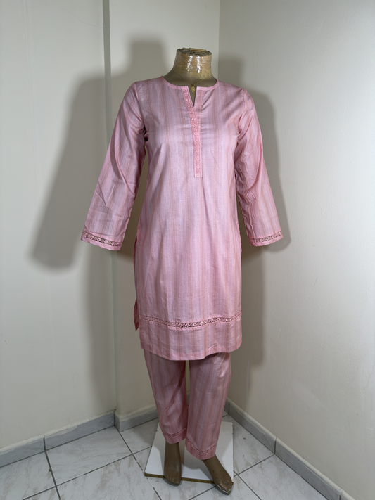 3-Piece Stitched Suit - Light Pink & White Solid Lined Shirt with Same Trousers & Dupata