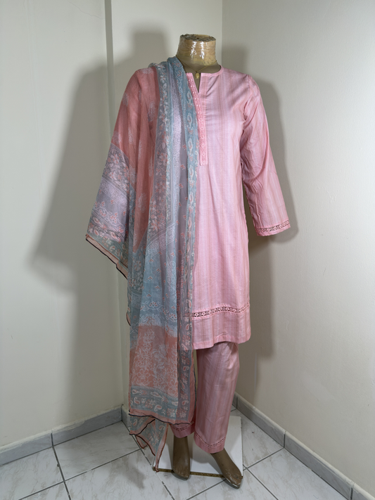 3-Piece Stitched Suit - Light Pink & White Solid Lined Shirt with Same Trousers & Dupata