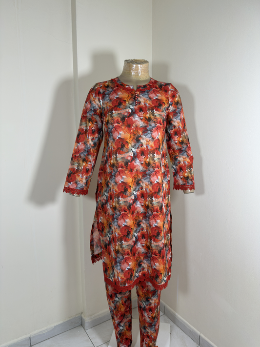 2-Piece Stitched Suit - Red & Orange Shirt with Same Trousers - All-Over Design