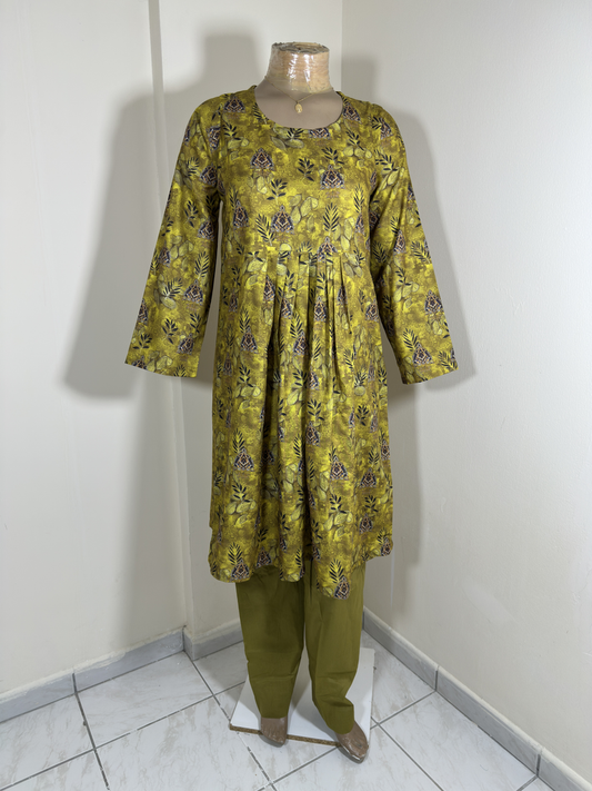 2-Piece Stitched Suit - Mehndi & Black Petal Frock with Mehndi Trousers - Frock Design