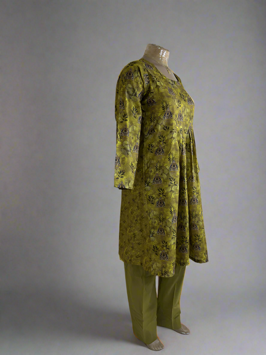 2-Piece Stitched Suit - Mehndi & Black Petal Frock with Mehndi Trousers - Frock Design