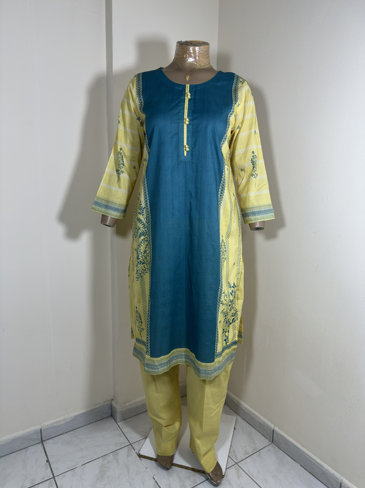 3-Piece Stitched Suit - Lemon & Sea Green Colored Design with Lemon Trousers & Dupatta