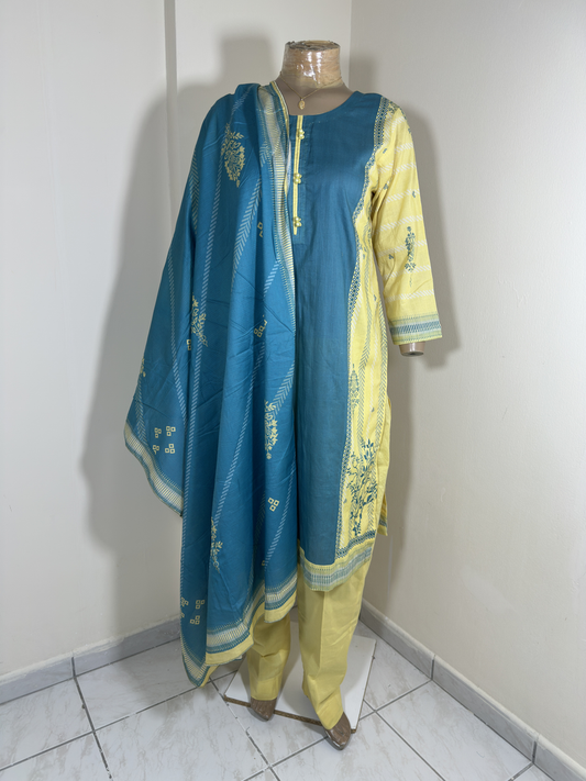 3-Piece Stitched Suit - Lemon & Sea Green Colored Design with Lemon Trousers & Dupatta