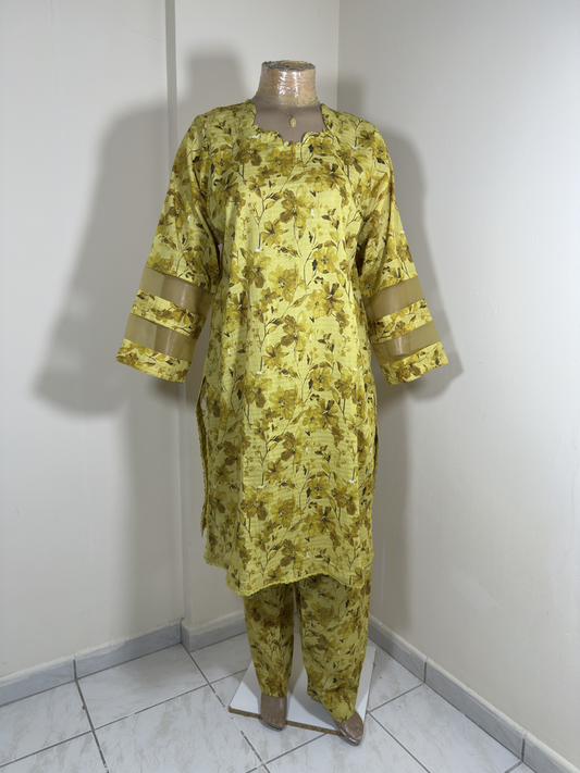 2-Piece Stitched Suit - Mustard Light and Brown Flower Shirt with Mustard Organza and All-Over Trousers