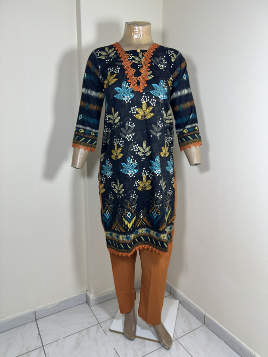 3-Piece Stitched Suit - Black Shirt & Brown Trousers & Dupatta