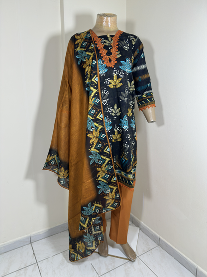 3-Piece Stitched Suit - Black Shirt & Brown Trousers & Dupatta