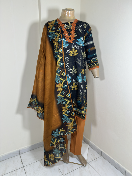 3-Piece Stitched Suit - Black Shirt & Brown Trousers & Dupatta
