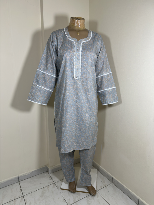 2-Piece Stitched Suit - Gray & White Design with Same Trousers All-Over Design