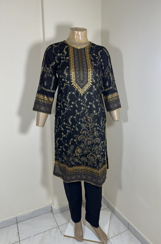 3-Piece Stitched Suit - Black & Golden Printed Design Shirt - Black Trousers & dupatta