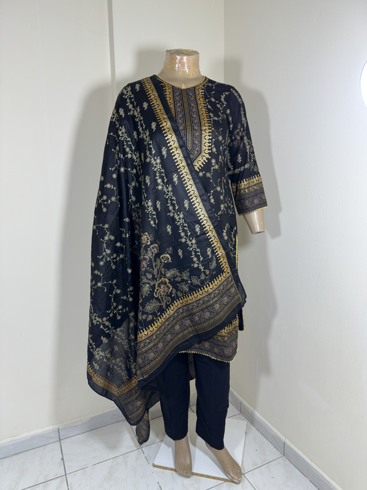 3-Piece Stitched Suit - Black & Golden Printed Design Shirt - Black Trousers & dupatta