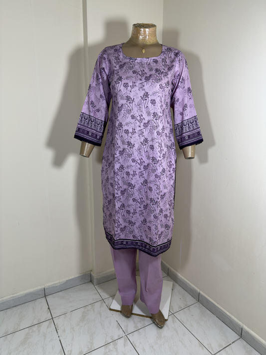 2-Piece Stitched Suit - Purple Shirt with Dark Purple Flowers & Purple Trousers