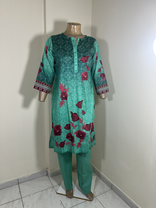 2-Piece Stitched Suit - Sea Green Shirt with Meroon Flowers & Sea Green Trousers