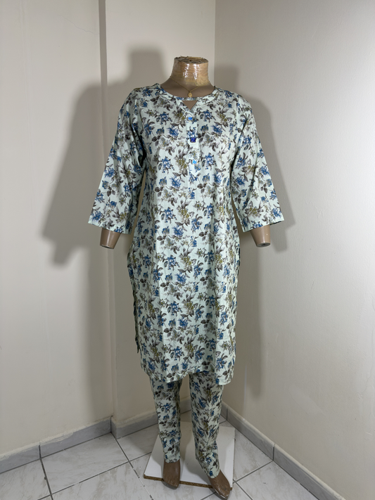 2-Piece Stitched Suit - Cream Color & Blue Flowers - Shirt & Trousers