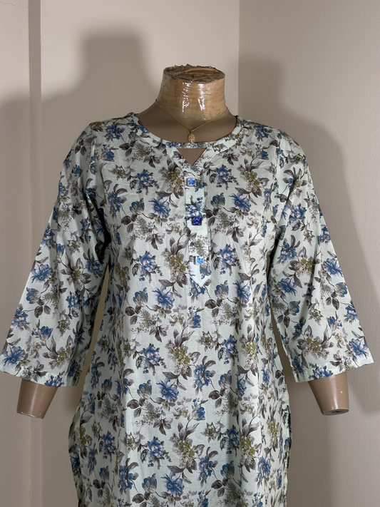 2-Piece Stitched Suit - Cream Color & Blue Flowers - Shirt & Trousers