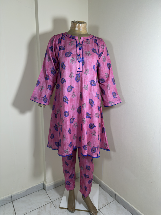 2-Piece Stitched Suit - Pink & Royal Blue Flowers - Shirt & Trousers