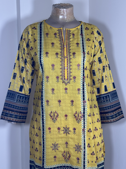 3-Piece Stitched Suit - Yellow Embroidery - Shirt, Trousers & Dupata